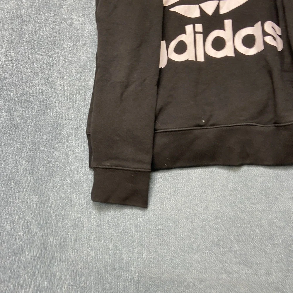 Adidas Trefoil Hoodie Mens M Black Graphic Logo Drawstring Ribbed Hem Pullover
